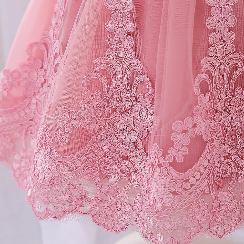 Luxury Pink Christening Dress for Baby with Bow and Lace, Perfect for Weddings, Birthdays