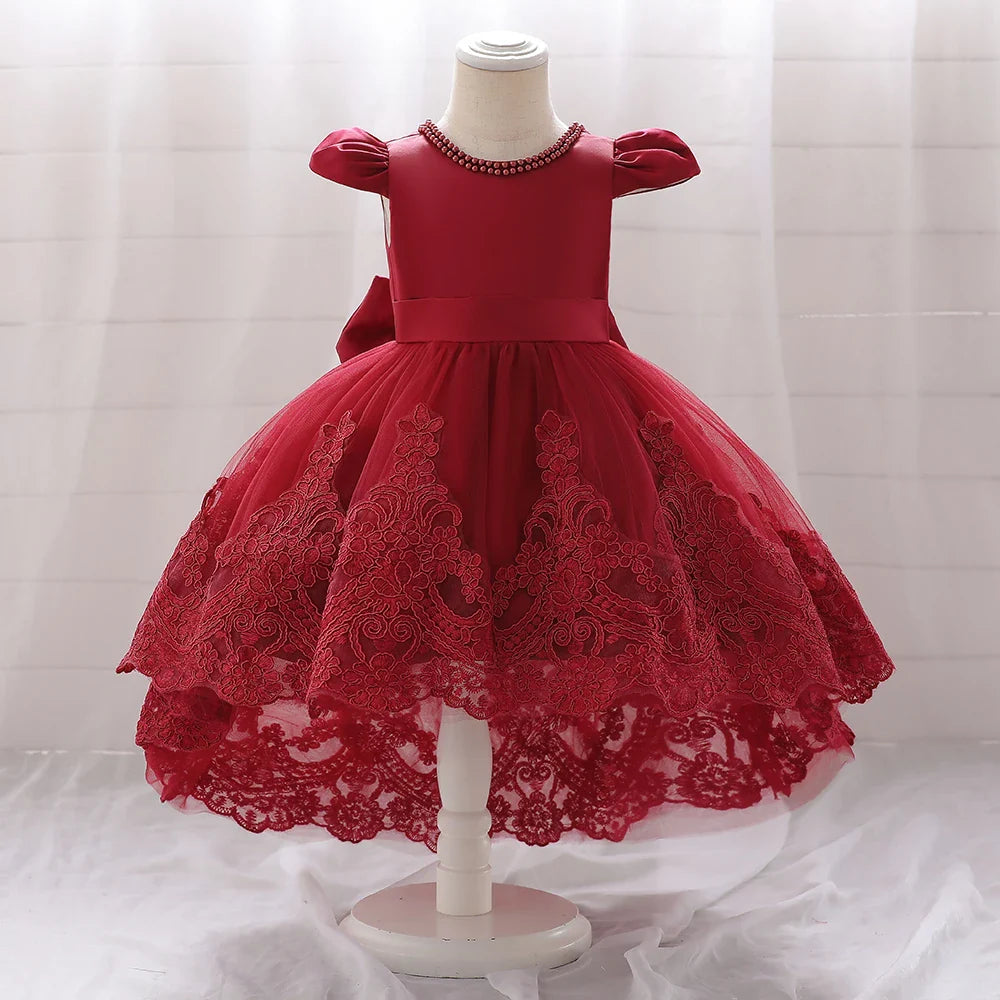 Vestido Batizado Luxo Vermelho para Bebê com Laço e Renda Festa de Casamento Aniversário