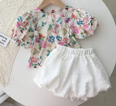 Conjunto Infantil Feminino Floral e Branco