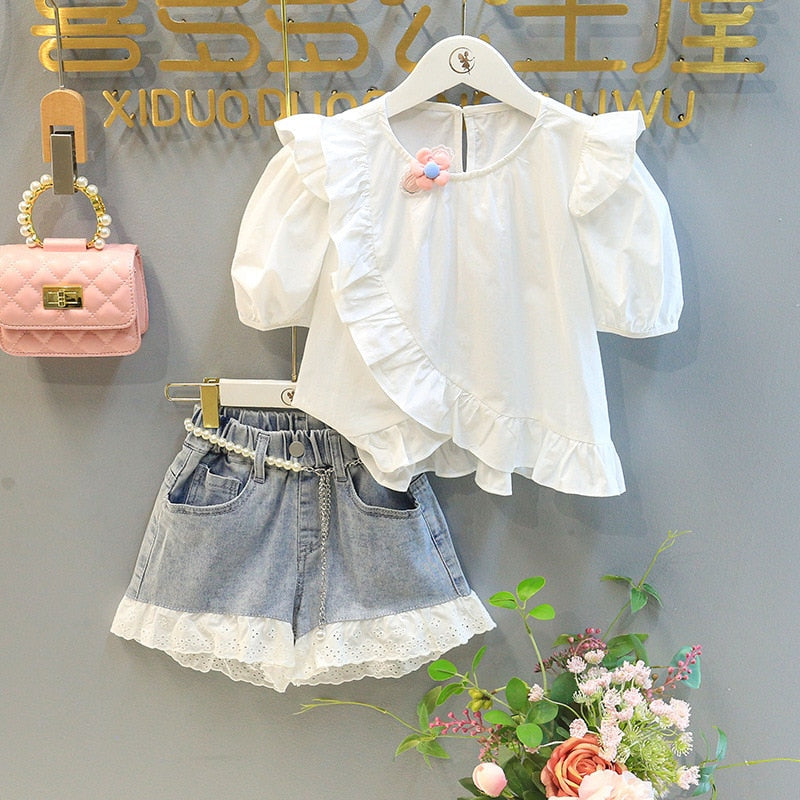 Conjunto Infantil Feminino Branco e Jeans Rendinha