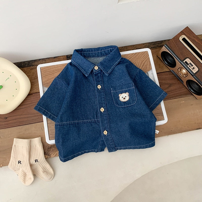 Camisa Infantil Jeans Bolso Ursinho