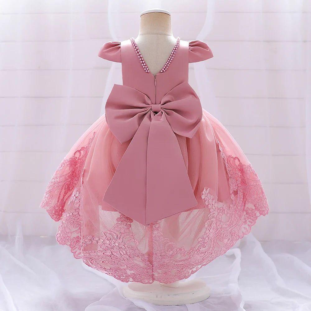 Luxury Pink Christening Dress for Baby with Bow and Lace, Perfect for Weddings, Birthdays