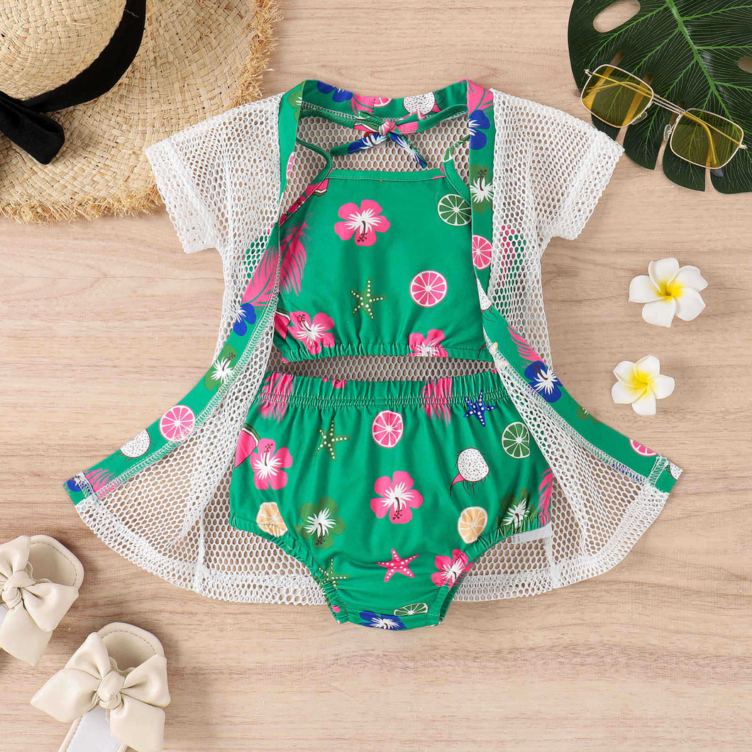 Conjunto Infantil  Biquiní + Saida de Praia Verde Florzinhas