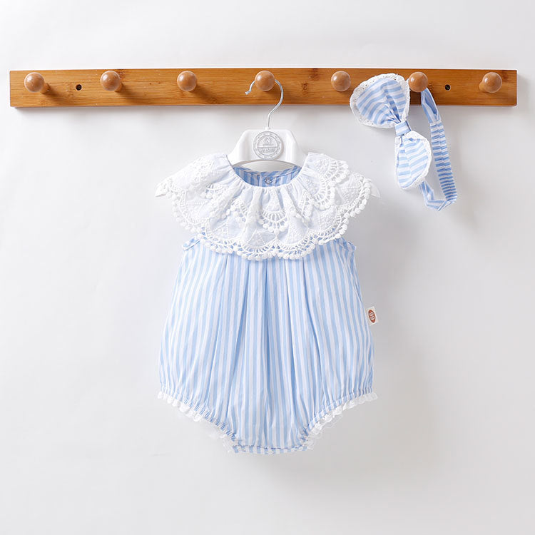 Body Infantil Feminino Azul Listradinho e Renda