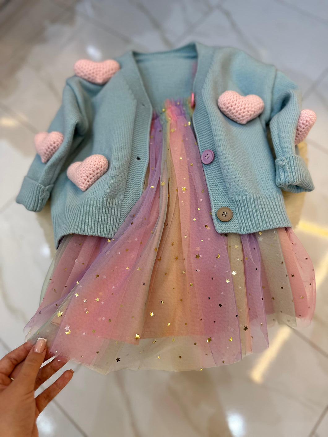 Conjunto Infantil Estrelinhas + Cardigan Coração