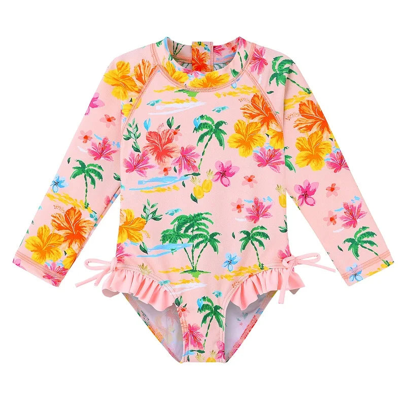 Long-sleeved swimsuit for girls from newborn to 6 years old, Tropical design, with UPF 50+ protection. Kids UV clothing.