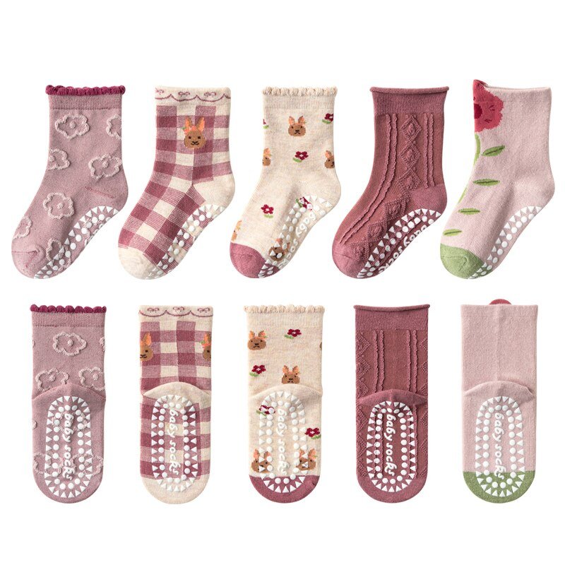 Set of 5 Pairs of Kids Cotton Socks – Non-slip – Various Themes