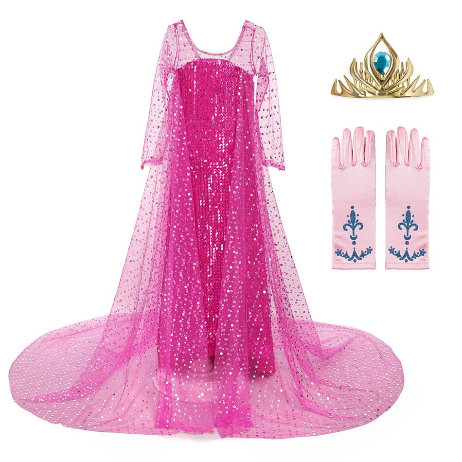 Vestido Fantasia Rosa Frozen Elsa Com Lantejoulas Com Luva e Coroa