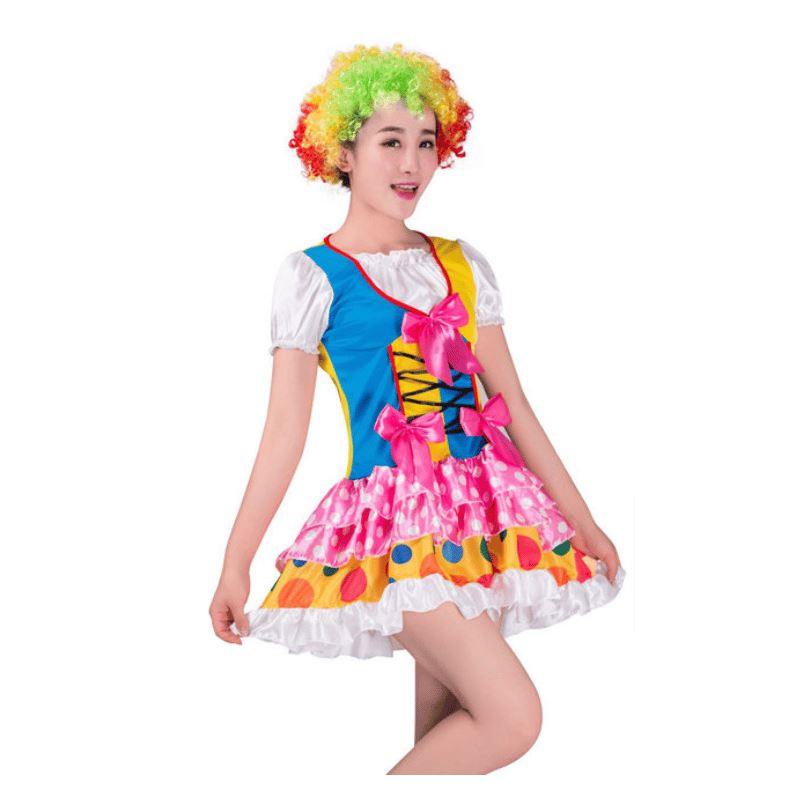 Adult Blue and Yellow Clown Cosplay Costume with Pink Details and Polka Dots