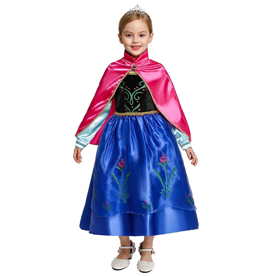purple winter princess dress for kids with floral pattern and layered sheer sleeves
