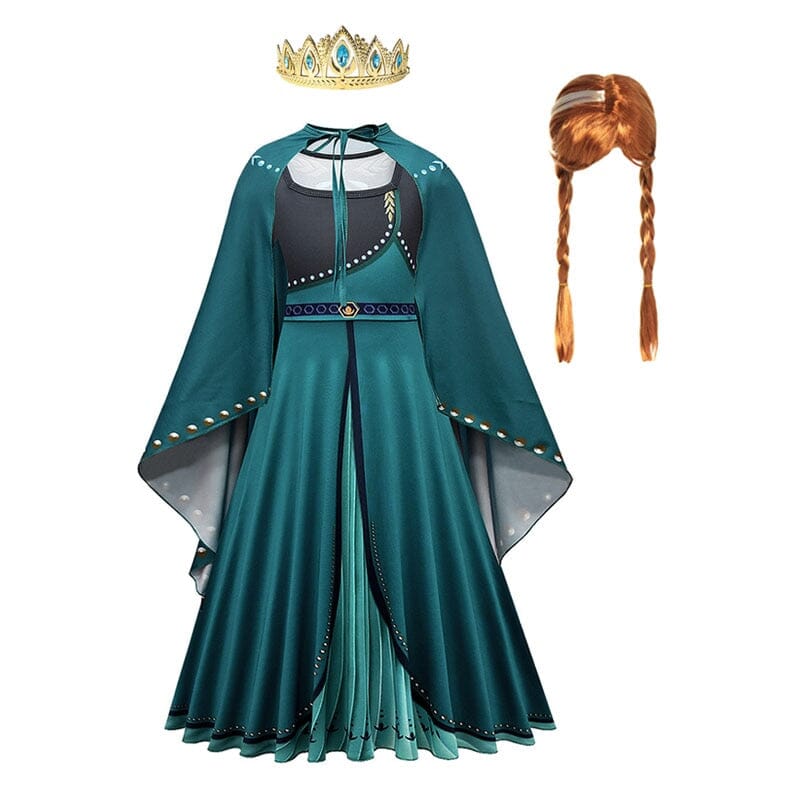 gold crown accessory shown above green winter princess costume dress for kids
