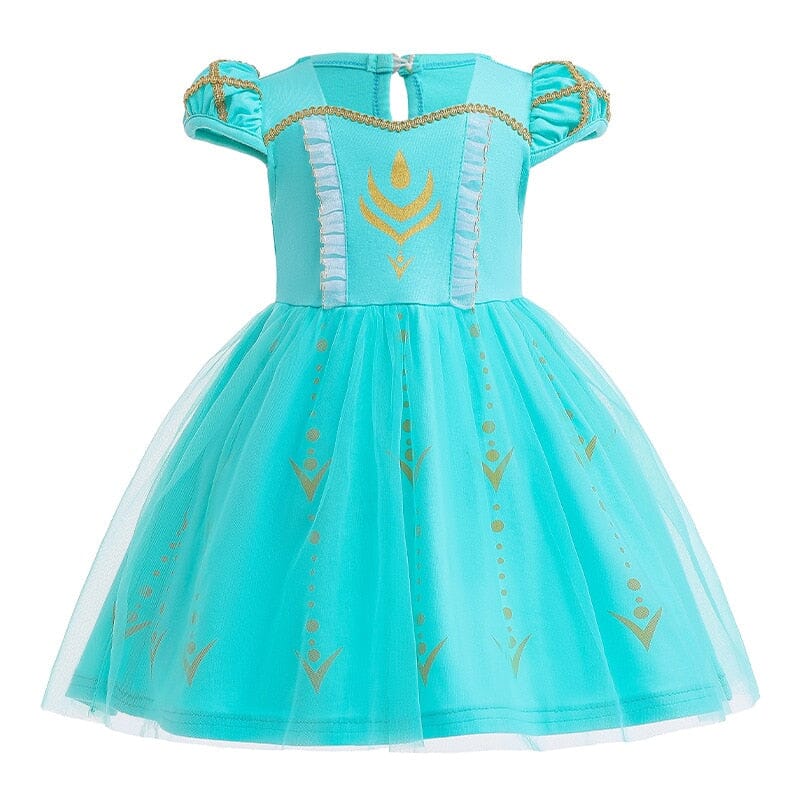 light blue winter princess dress for toddlers with gold printed details and puff sleeves