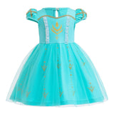 light blue winter princess dress for toddlers with gold printed details and puff sleeves