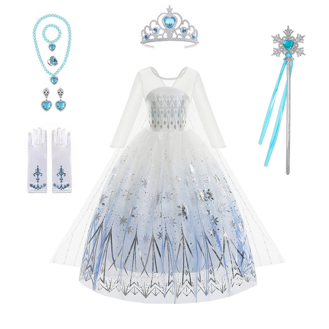 Vestido Fantasia Elsa Rainha da Neve - Frozen Com Acessórios 8 Pcs