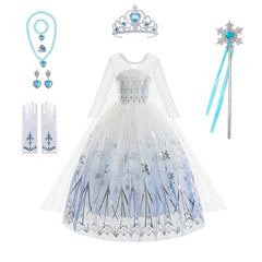 Vestido Fantasia Elsa Rainha da Neve - Frozen Com Acessórios 8 Pcs