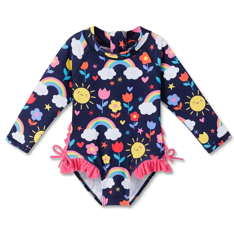 Long-sleeved swimsuit for girls from newborn to 6 years old, rainbow black, with UPF50+ protection.