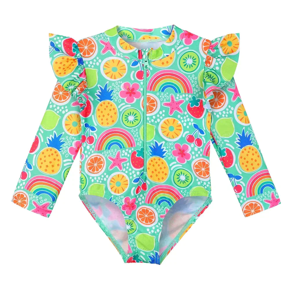 Long-sleeved swimsuit for girls from newborn to 6 years old, rainbow green, with UPF50+.