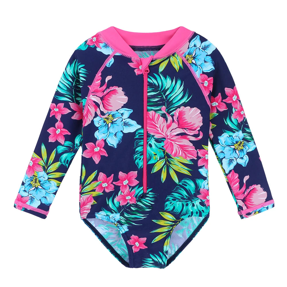 Kids swimwear, long-sleeved swimsuit for girls from newborn to 6 years old, beachwear with UPF 50+ protection.