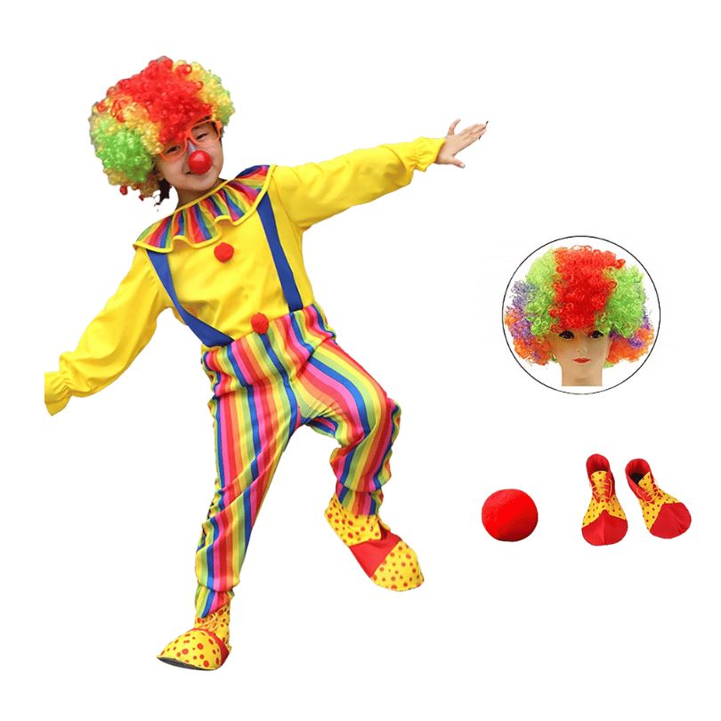 Fantasia Palhaço Infantil Amarelo e Calças com Listras Colorida e Acessórios