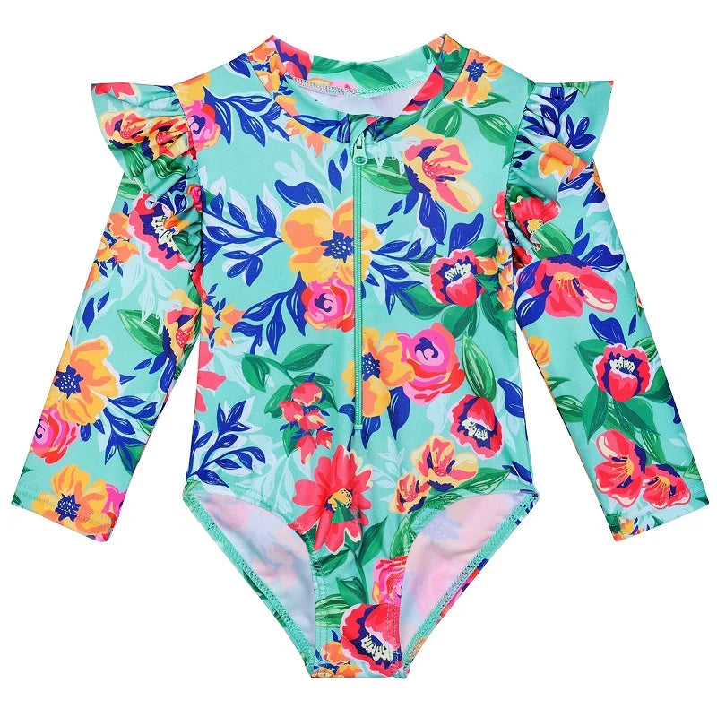 Long-sleeved swimsuit for girls from newborn to 6 years old, green floral design, with UPF50+ protection.