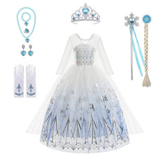 Vestido Fantasia Elsa Rainha da Neve - Frozen Com Acessórios 9 Pcs