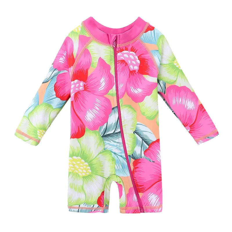 Long-sleeved floral swimsuit for girls aged 1 month to 6 years with UPF 50+ protection. Kids UV clothing.