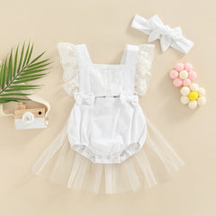 Body Infantil Feminino Branco Renda e Tule + Faixa