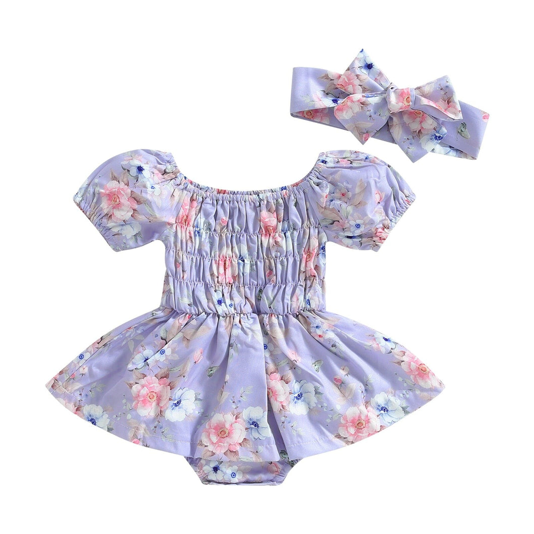 Body Infantil Feminino Roxo Florzinhas + Tiara