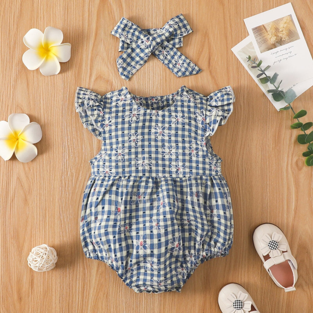 Body Infantil Xadrez e Florzinha + Faixa