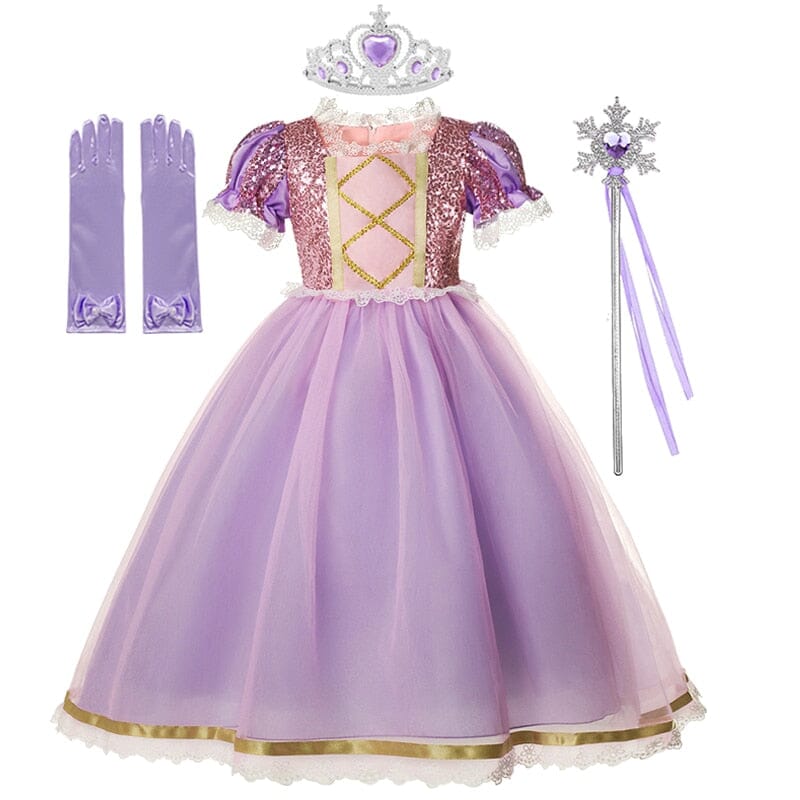 Premium Rapunzel Costume Dress + Gloves + Crown + Wand