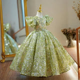 Luxury Princess Party Dress for Girls, Elegant, for Weddings, First Communion, with puff sleeves and sequin embroidery.