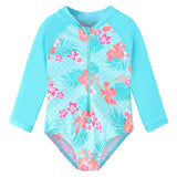 Kids swimwear, long-sleeved floral swimsuit for girls from newborn to 6 years old with UPF 50+ sun protection.