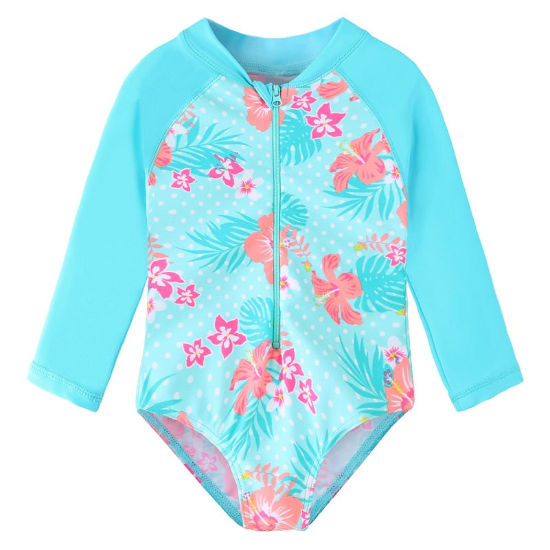 Kids swimwear, long-sleeved floral swimsuit for girls from newborn to 6 years old with UPF 50+ sun protection.