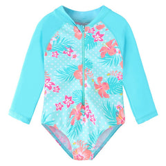 Moda praia infantil Maiô Manga Longa para Meninas de RN a 6 anos de Floral com Proteção FPU50+ Moda praia infantil