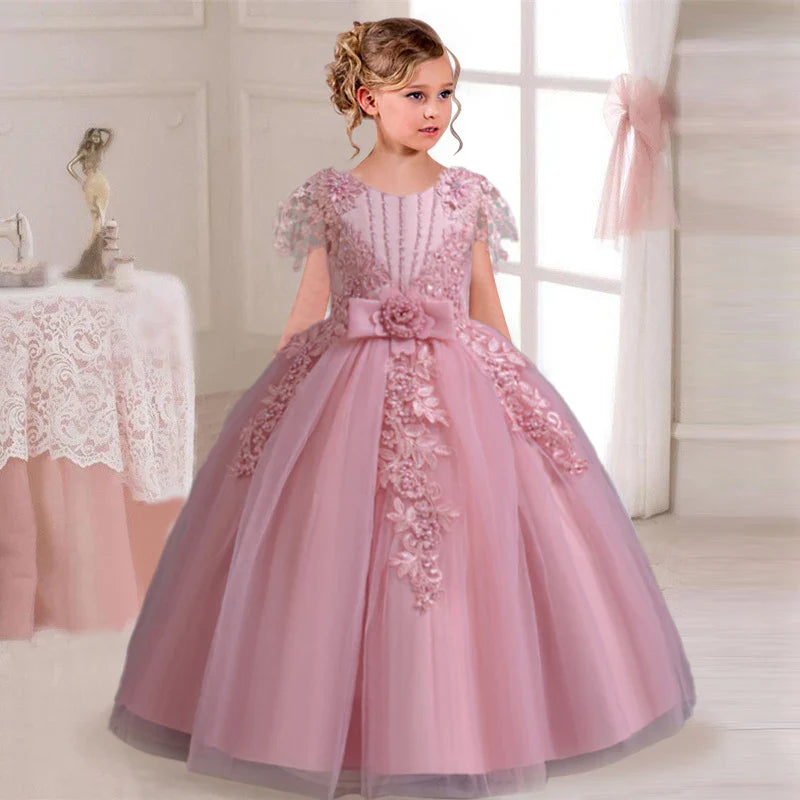 Elegant Princess Party Dress for Girls, Ages 4-12, with Embroidery.