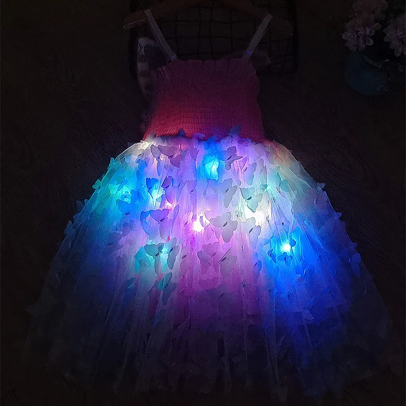 Pink Dress with Butterfly Details and LED Lights for Kids