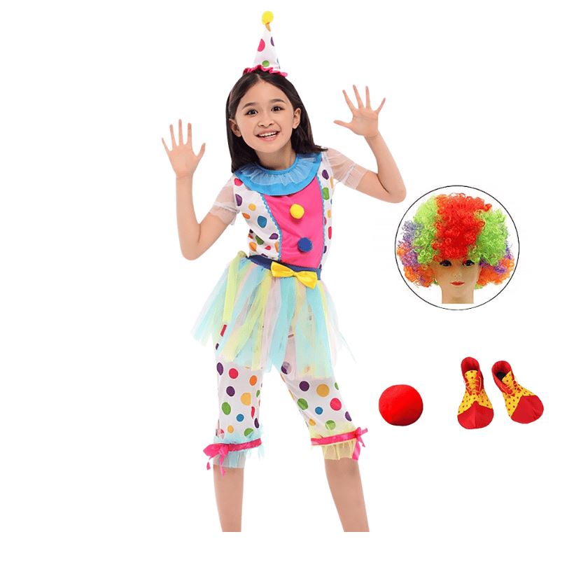 White polka dot clown costume for girls + accessories