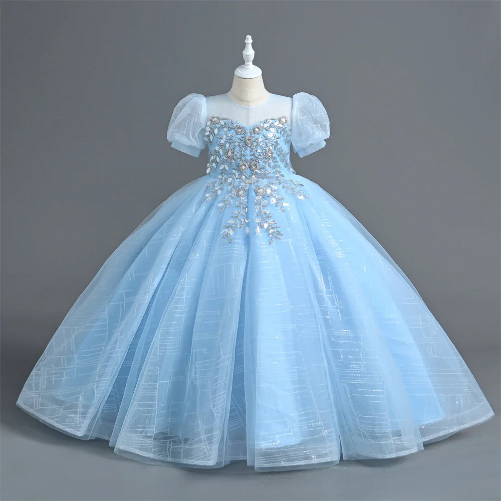 Luxury Kids Party Dress with Sequins and Flowers, perfect for First Communion, Bridesmaid, Parties, Weddings, and Birthdays.