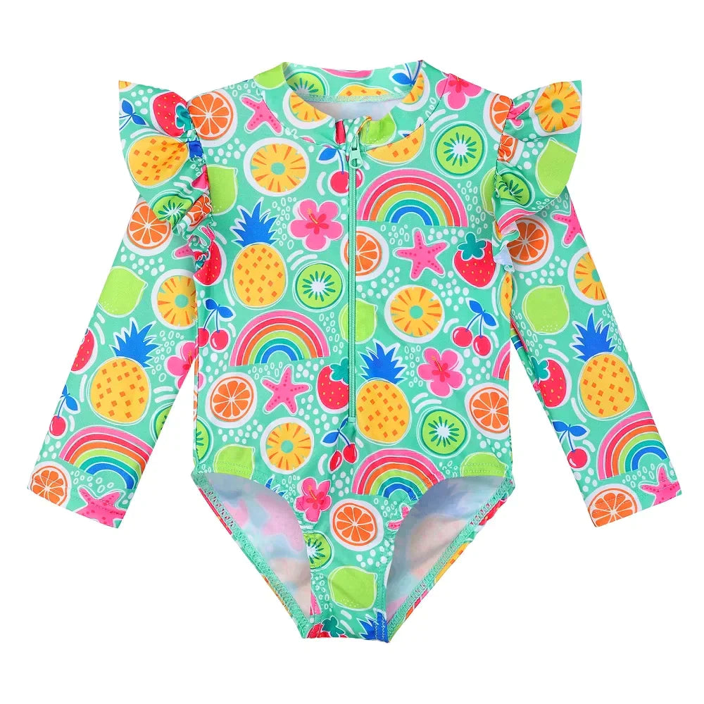 Long-sleeved swimsuit for girls from newborn to 6 years old, with underwater theme and UPF50+ sun protection.