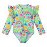 Long-sleeved swimsuit for girls from newborn to 6 years old, with underwater theme and UPF50+ sun protection.