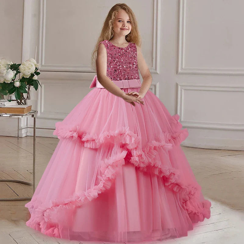 Luxury Kids party dress, sleeveless, with flowers and sequin embroidery.