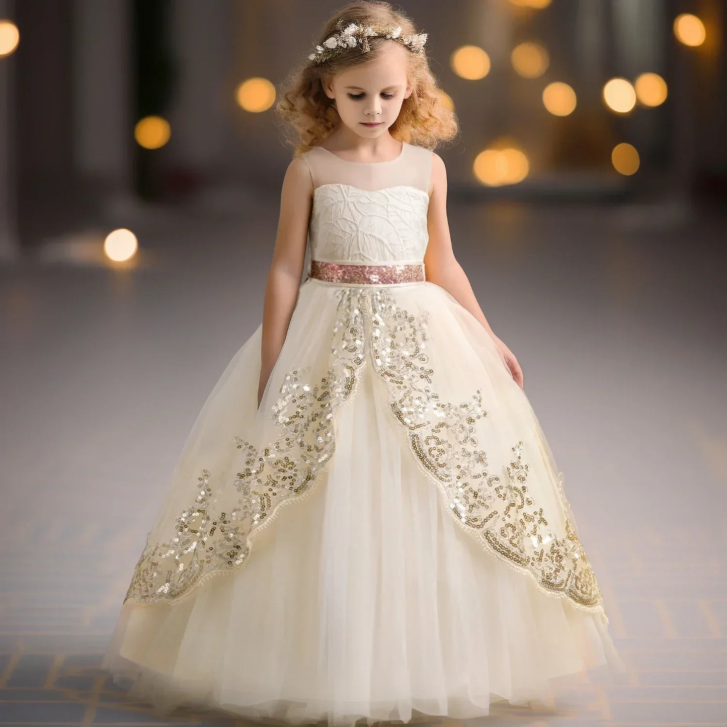 Kids Party Dress, Champagne Color, Sequins, Tulle, Pink Waistband