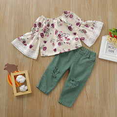 Conjunto Infantil Blusa Floral e Calça Rasgada