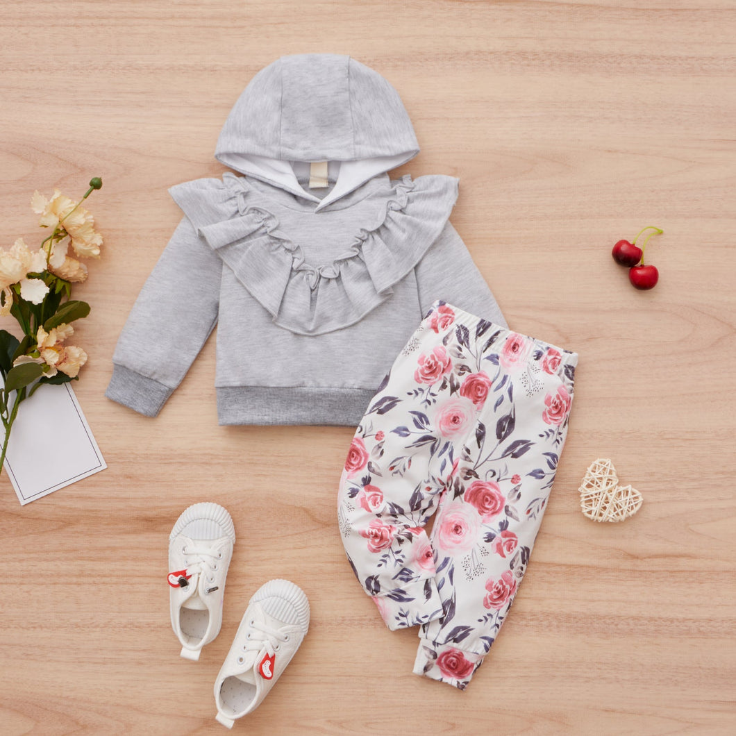 Conjunto Infantil Calça Flores + Blusa com Capuz