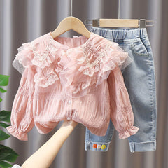 Conjunto Infantil Feminino Blusa Gola e Calça Jeans