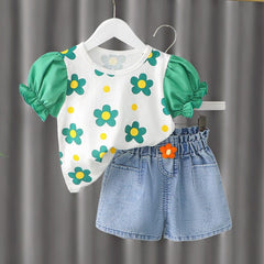 Conjunto Infantil Feminino Flores Manguinha