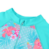 Long-sleeved swimsuit for girls aged 1 month to 6 years, blue floral design, with UPF 50+ protection. Kids UV clothing.