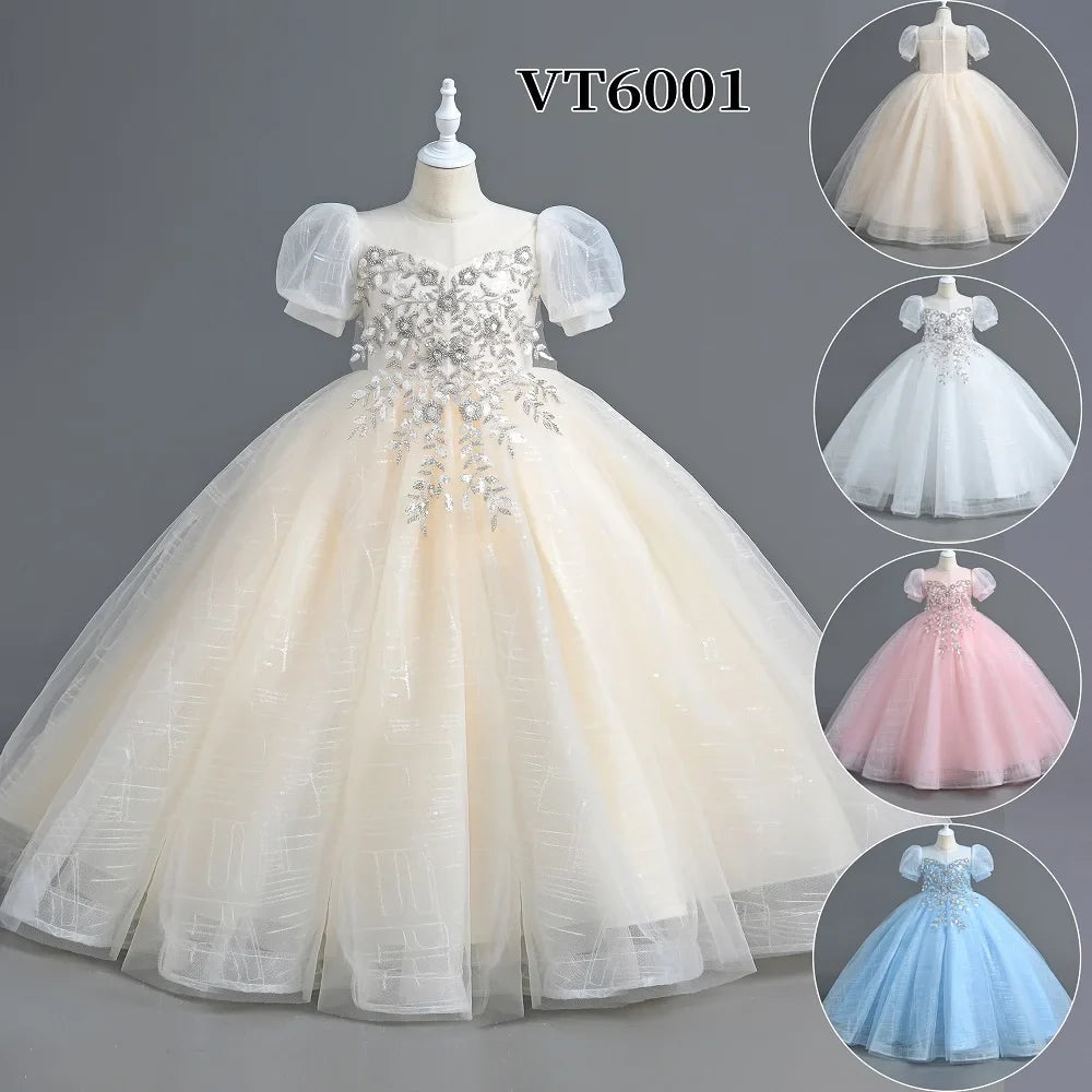 Luxury Kids Party Dress with Sequins and Flowers, perfect for First Communion, Bridesmaid, Parties, Weddings, and Birthdays.