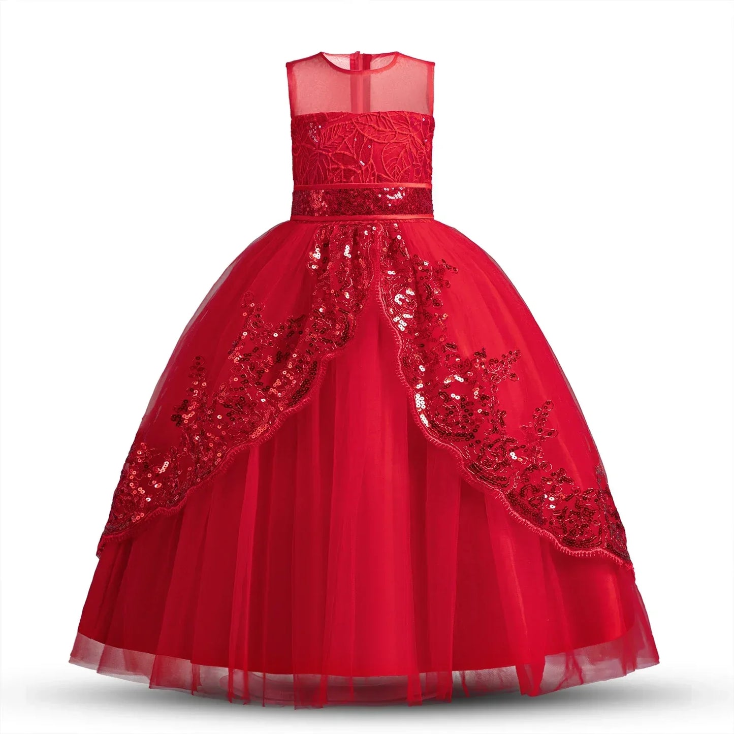 Kids Party Dress, Champagne Color, Sequins, Tulle, Pink Waistband