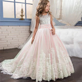 Long Kids party dress made of lace with embroidered flowers, bows, rhinestones, and sequins.